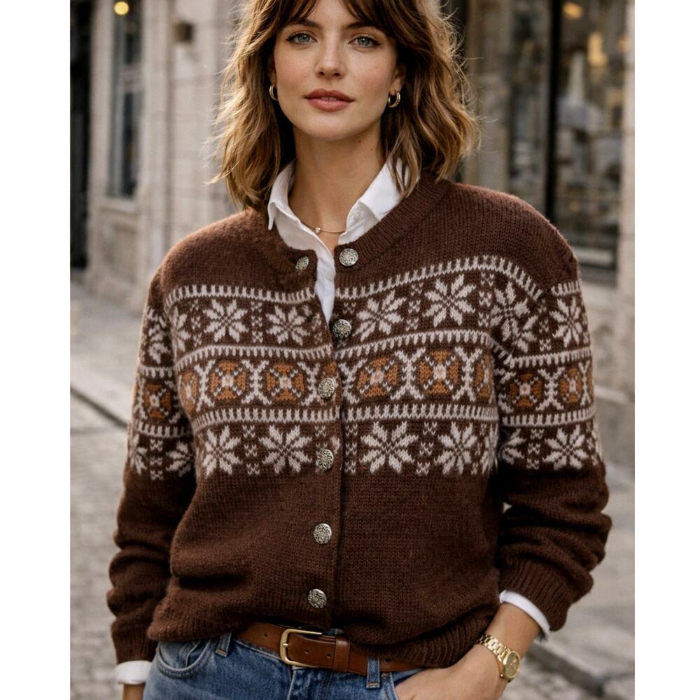 Vintage 60s Womans S 100% Wool Cardigan Sweater Fair Isle Norwegian Knit Brown